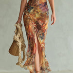 Viola™ | Long orange chiffon dress with bohemian artistic print