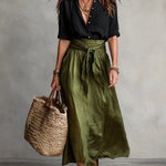 Black Shirt And Olive Green Midi Skirt Two-piece Suit