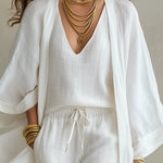 White Loose Cardigan And Drawstring Shorts Three-piece Set