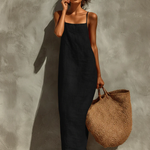 Red Faux Linen Suspender Square Neck Maxi Dress