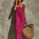 Red Faux Linen Suspender Square Neck Maxi Dress