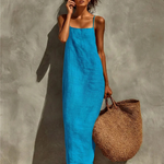 Red Faux Linen Suspender Square Neck Maxi Dress