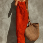 Red Faux Linen Suspender Square Neck Maxi Dress