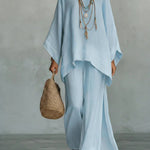 Minimalist Faux Linen Blend Flowy Top And Pants Two-piece Set