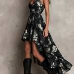 Black Bohemian Floral Print Irregular Strapless Maxi Dress