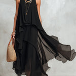 Black Chiffon Layered Round Neck Sleeveless Maxi Dress