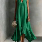 Green Faux Cotton-linen V-neck Sleeveless Maxi Dress