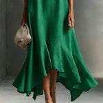Green Faux Cotton-linen V-neck Sleeveless Maxi Dress
