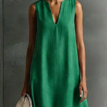 Green Faux Cotton-linen V-neck Sleeveless Maxi Dress