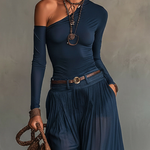 Navy Blue One-shoulder Top And Sheer Tulle Skirt Two-piece Set(with belt)