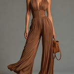 Brown V-neck Sleeveless Zip-up Pleated Wide-leg Chiffon Jumpsuit