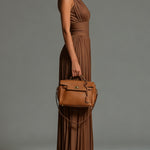 Brown V-neck Sleeveless Zip-up Pleated Wide-leg Chiffon Jumpsuit