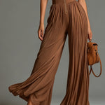 Brown V-neck Sleeveless Zip-up Pleated Wide-leg Chiffon Jumpsuit