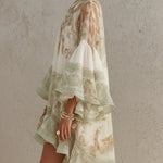 Green Print Ruffle Hem Flounce Sleeve Chiffon Mini Dress