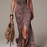 Grayish-purple Pleated Floral Print Slit Maxi Dress
