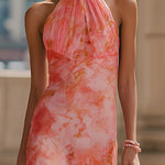 Pink Floral Print Halter-neck Chiffon Maxi Dress