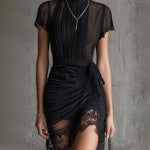 Barbara | Short black chiffon dress with pleats at the waist and lace trim