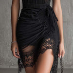 Barbara | Short black chiffon dress with pleats at the waist and lace trim