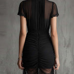 Barbara | Short black chiffon dress with pleats at the waist and lace trim