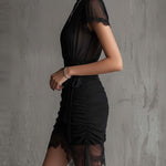 Barbara | Short black chiffon dress with pleats at the waist and lace trim