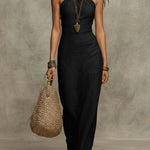 Soft Drape Halter Column Faux Linen Halter Maxi Dress