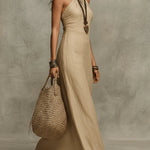 Soft Drape Halter Column Faux Linen Halter Maxi Dress
