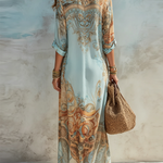Vacation Blue Floral Print Shirt Maxi Dress
