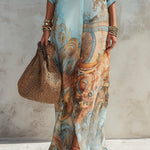 Vacation Blue Floral Print Shirt Maxi Dress