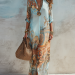 Vacation Blue Floral Print Shirt Maxi Dress