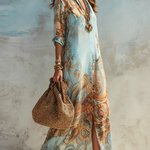 Vacation Blue Floral Print Shirt Maxi Dress
