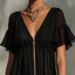 Arabella | Black mini dress with front zip, lace, and ruffled sleeves