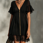 Arabella | Black mini dress with front zip, lace, and ruffled sleeves