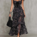 Gothic Floral Corset Tiered Chiffon Maxi Dress