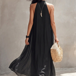 Black Chiffon Halter-neck Pleated Maxi Dress