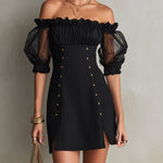 Susan | Black mini dress with off-shoulder design, puff sleeves, and studs