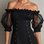 Susan | Black mini dress with off-shoulder design, puff sleeves, and studs