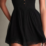 Sandra | Black mini dress with pleated waist and lace trim