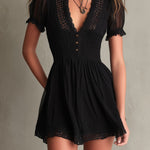 Black Pleated Waist Lace-trimmed Mini Dress