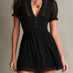 Sandra | Black mini dress with pleated waist and lace trim