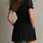 Sandra | Black mini dress with pleated waist and lace trim
