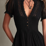Sandra | Black mini dress with pleated waist and lace trim