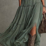 Sage Green Pleated Chiffon V-neck Flowing Maxi Dress