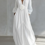 White Deep V-neck Three-dimensional Floral Maxi Dress
