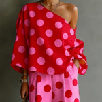 Retro Pink Polka Dot Off-shoulder Top And Wide-leg Pants Two-piece Set