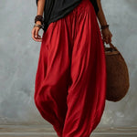 Black Off-shoulder Top And Red Loose-fitting Lantern Pants Suit