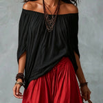 Black Off-shoulder Top And Red Loose-fitting Lantern Pants Suit