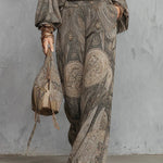 Grey Paisley Patterned Lantern Sleeve Top And Wide-leg Trousers Suit