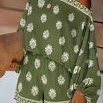Baroque Print Off-Shoulder Lantern Sleeve Shorts Jumpsuit