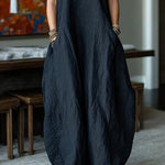 Black Sleeveless Faux Linen Balloon Maxi Dress