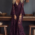 Purple Lace V-neck Ruched Bell sleeve Sheer Maxi Dress